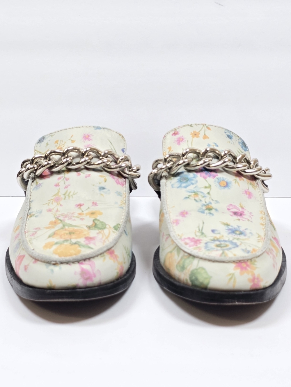Free People Vida Ivory Floral Leather Chain Embellished Mules Loafers Multi Sz40 - Picture 7 of 14